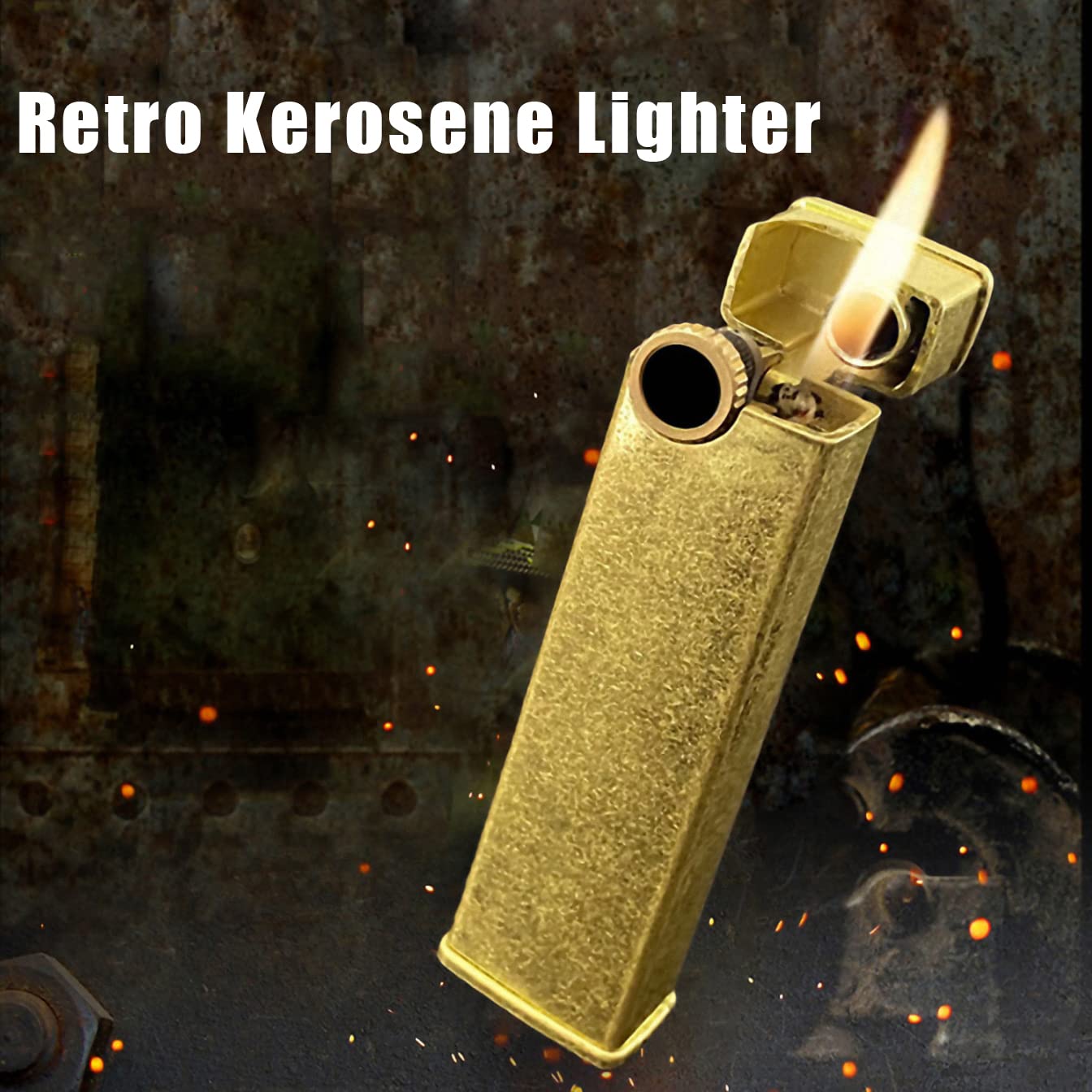 Smoke King Vintage Metal Wheel Kerosene Lighter Flip Top, Windproof Flint Ignition, Pocket-Size Retro Lighter for Men Refillable, Portable, Antique Style Gift Box Included