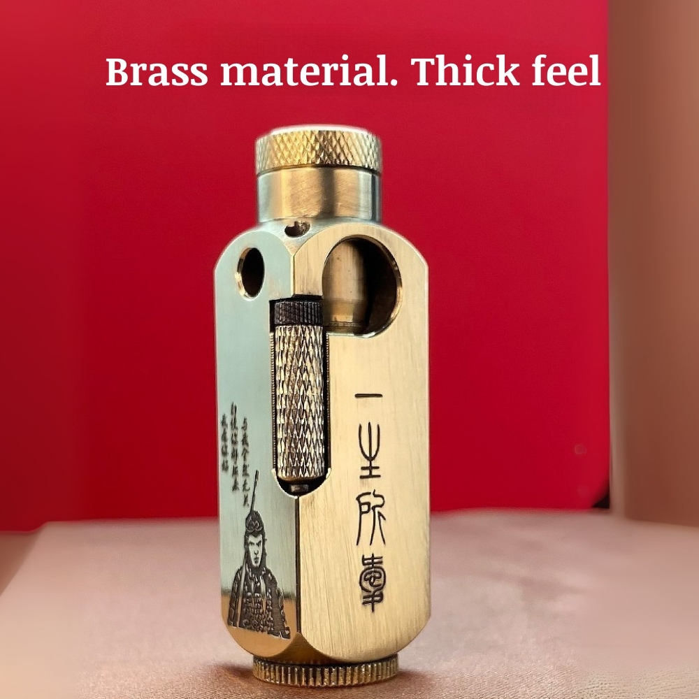 SmokeKing Hand-Carved Brass Kerosene Lighter – Vintage Trench-Style, Handcrafted Wukong Detailing, Refillable Oil Flame (Fuel Not Included)